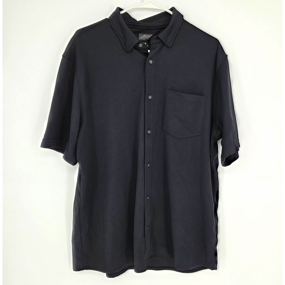 Greg Norman Men's L Black Short Sleeve Button-Up Shirt Pocket Polyester Knit